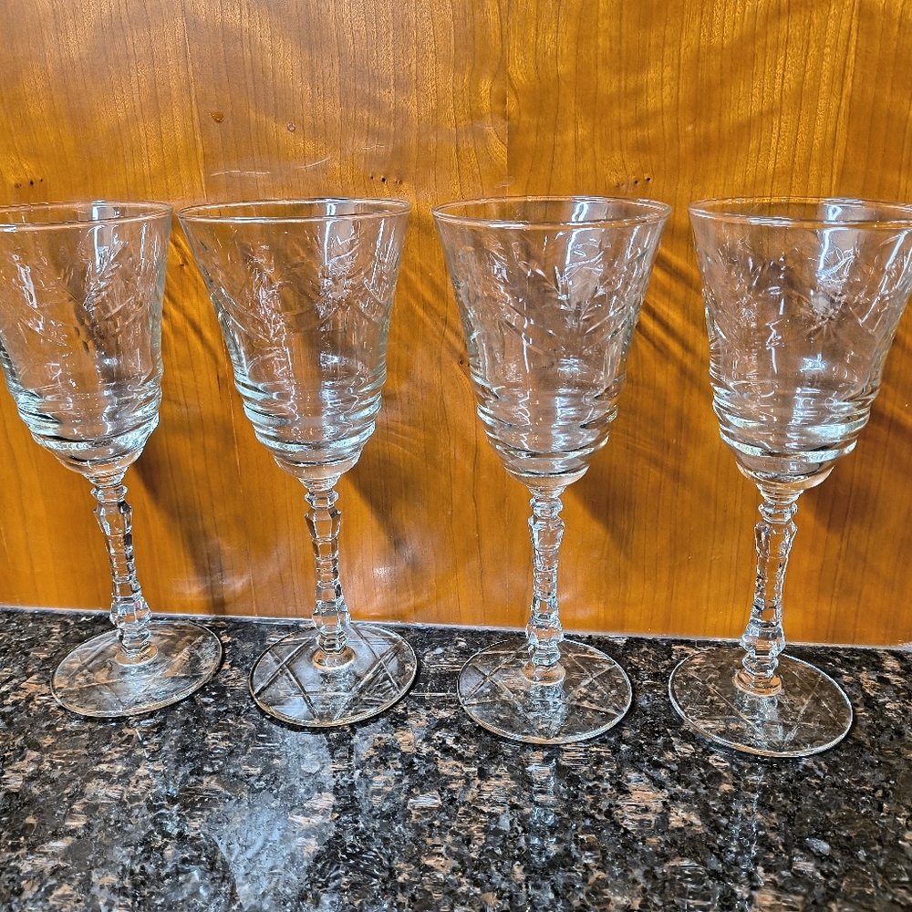 4 Rock Sharpe Libbey Wine Water Glass Crystal Stem Artic Rose 7 7/8" Hand Cut